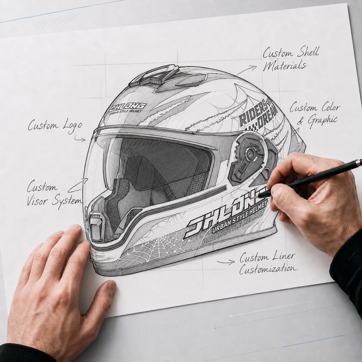 Helmet customization design sketch with logo, shell, graphics, visor and liner annotations